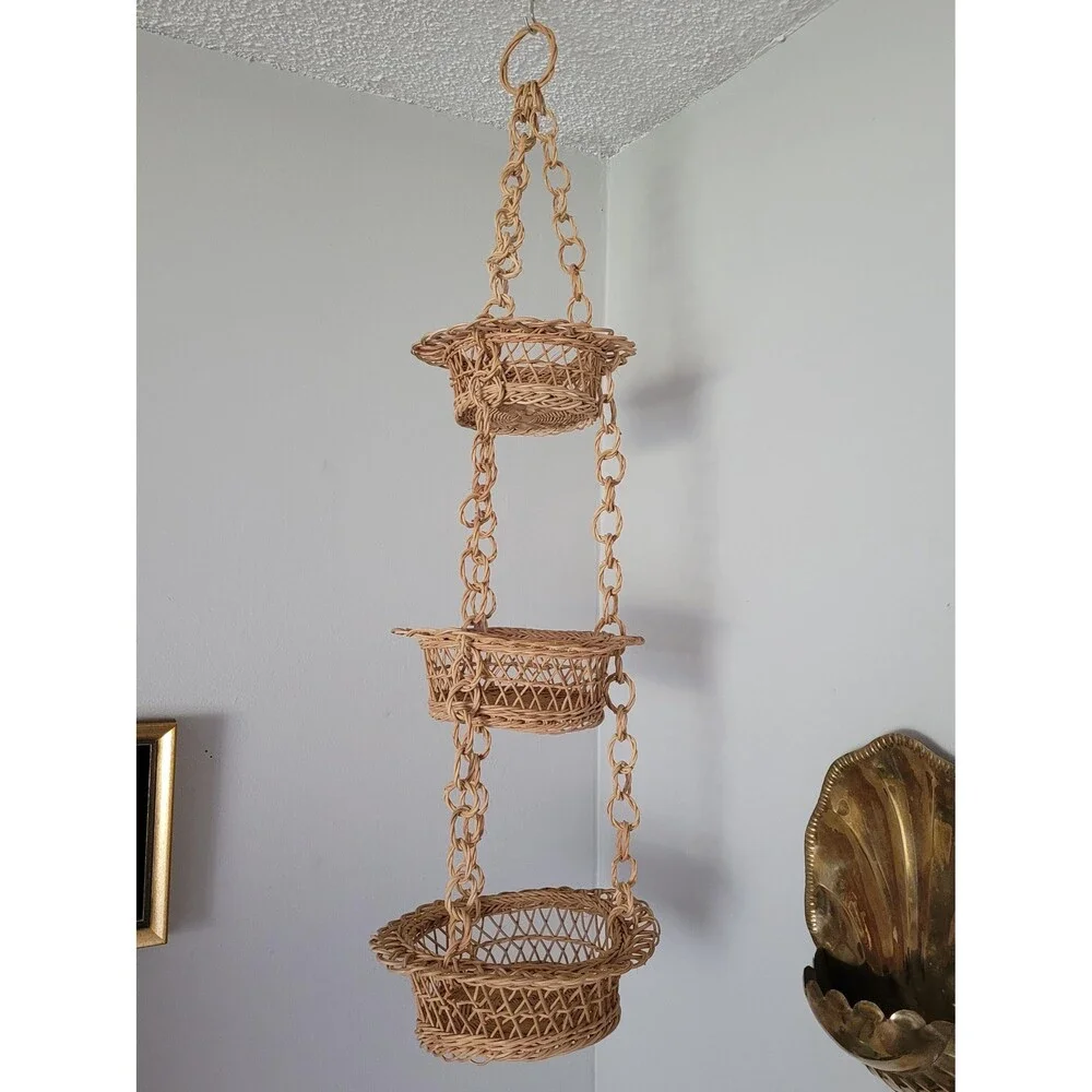 Vintage Handwoven Rattan Hanging Basket 3-Tier Organizer